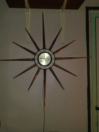 Vintage Mid Century Modern Forestville? Sun Star Burst Wall Clock Plug - In Gold