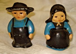 Vintage Cast Metal Amish Boy & Girl Salt & Pepper Shakers Cork Stoppers