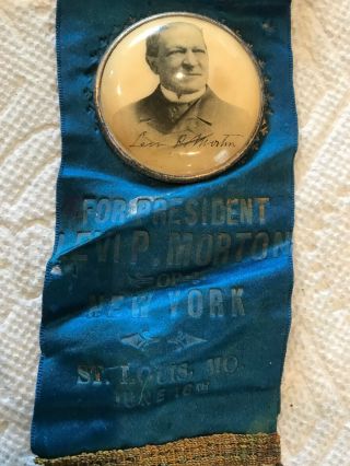 Ornate LEVI P.  MORTON for president ribbon badge 1896 RNC 2