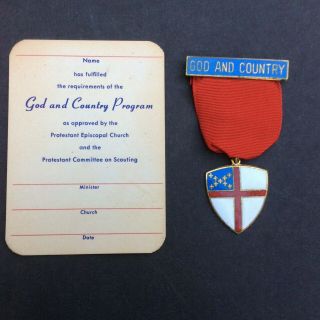 1970’s God And Country Episcopal Religious Medal Red Ribbon Blue & Gold Enamel