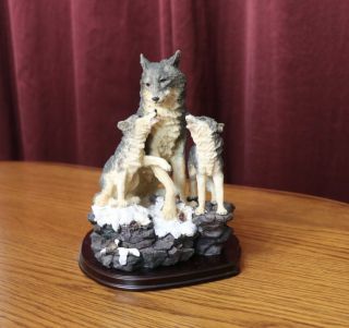 Wolf Figurine Mother Wolf And Pups In Winter After Hunting Grey Wolves Wood Base