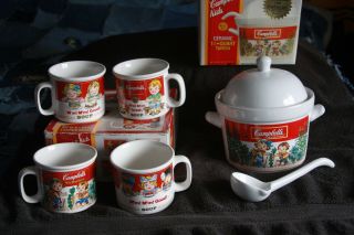 Campbell Kids Soup Tureen Bowl 1993 & 4 Mugs Cups 1995 Ceramic In Boxes