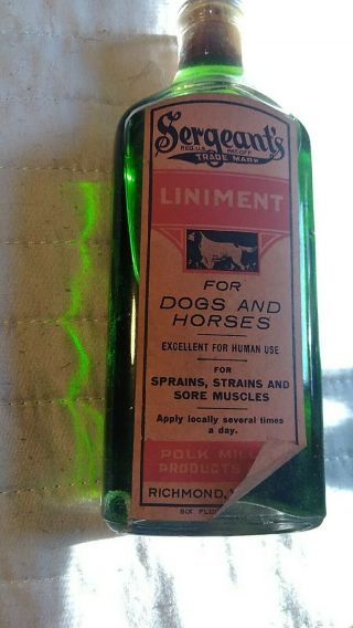 Sergeant’s Liniment Vintage Veterinary Full Bottle 1926 Polk Miller