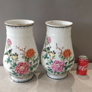 Big Chinese Republic Famille Rose Birds Vases - Seal Marks