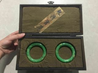 60mm Rare Old China Dynasty Natural Green Jade Bracelet Pair Wood Box