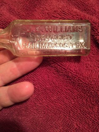 Vintage J.  E.  Williams Druggist San Marcos.  Tex Bottle