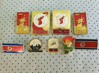 Dprk Korea Communist Vintage Badges Coat Of Arms Flag North Korea