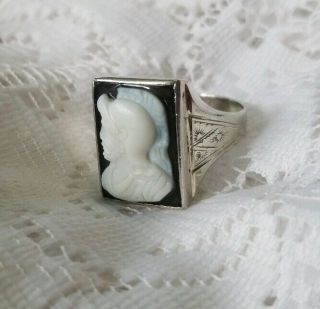 Art Deco Sterling Silver Black Onyx Roman Soldier Cameo Ring Mens Size 10.  25