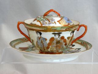 Antique Japanese Kutani Eggshell Porcelain Cup,  Saucer & Lid - Geishas - Signed