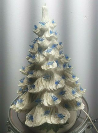 Vintage Ceramic White Christmas Tree With Blue Bird Lights Holly Base 2 Piece
