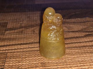 Extremely Rare Antique Chinese Carved Jade Stone Buddhist Monks Sewing Thimble