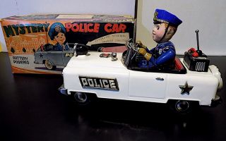 Vintage Tin Battery Operated Mystery Police Car,  Nomura Toys (t.  N) Japan Exib