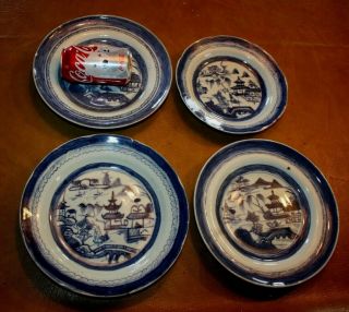 4 Antique Chinese Export Blue & White 19th C.  Canton Large Porcelain Bowls