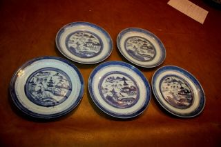 5 Antique Chinese Export Blue & White 19th C.  Canton Large Porcelain Plates