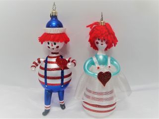 De Carlini Raggedy Ann And Andy Hand Blown Hand Painted Christmas Ornaments