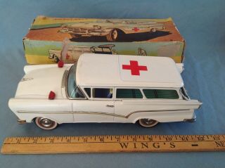 1957 Ford Ambulance W/box N Stretcher 12”) Japanese Tin Car By Bandai Near/mt.