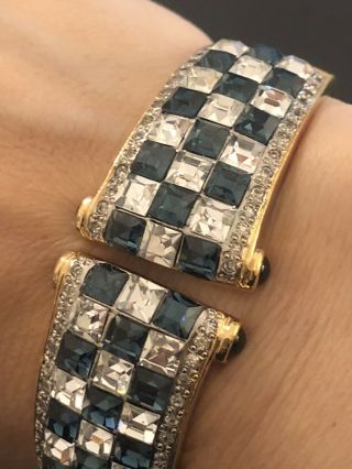 Vogue Bijioux Rhinestone Clear & Blue Faux Sapphire Bangle Bracelet Hinged Cuff