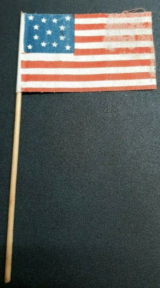 C 1876 Old Vintage 13 Star Centennial U.  S.  American Parade Flag On Wooden Stick