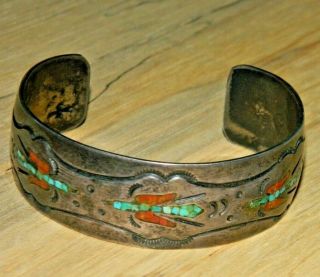 Vtg Gibson Gene Native American Turquoise&coral Chip Inlay Cuff Bracelet S: 6.  5
