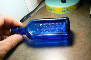 1890 S Cobalt Blue Gargling Oil Lockport,  N.  Y.  Patent Medicine Bottle