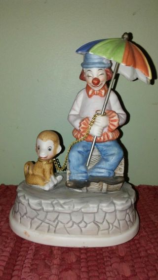Vintage Clown Music Box Bisque Porcelain 8with Monkey And Umbrella 8 " Tall