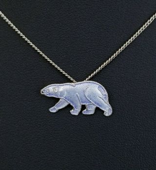 Vtg Sterling Silver Artisan Guilloche Enamel Polar Bear Pendant Necklace,  7/8 " 3g