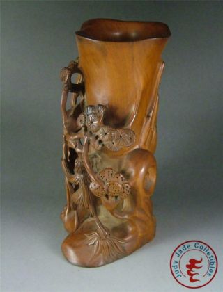 Large Old Chinese Boxwood Carved Brush Pot Statue DOUBLE MONKEYS & PINE 2