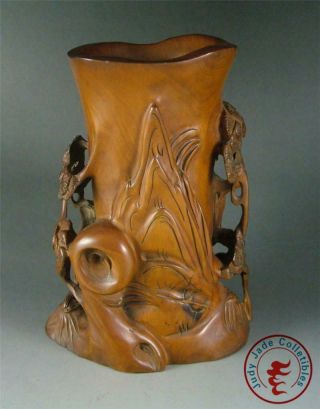 Large Old Chinese Boxwood Carved Brush Pot Statue DOUBLE MONKEYS & PINE 3