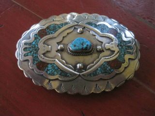 Vintage Navajo Native Sterling Silver Turquoise Belt Buckle 55 Grams Signed