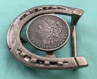 Vtg Awesome 1880 Morgan Us Silver Dollar & Horeshoe Cowboy Western Belt Buckle