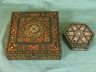 Antique Middle Eastern Mosaic 2 Wooden Jewelry Boxes W/ Mother Of Pearl Inlay