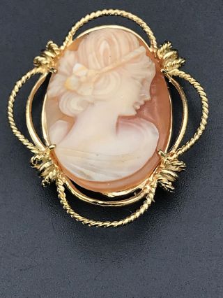 Vintage Hand Carved Shell Cameo 14k Brooch Pin (5.  6g) L 102