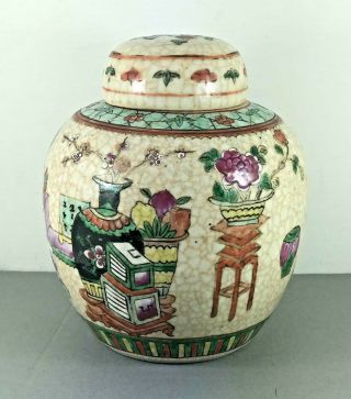Fine Antique Chinese Crackle Glaze Ginger Jar Bogu Design - Qing Dynasty C1895