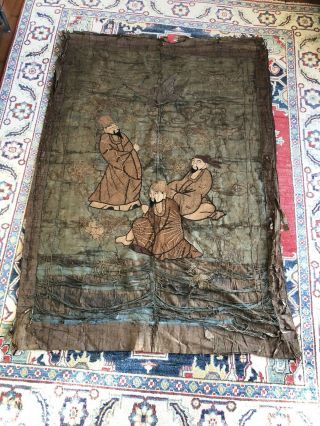 Antique Chinese Embroidered Silk Panel Depicting Three Immortals,  Flyingcrane