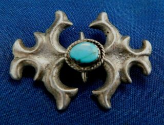 Native American Cast Sterling Silver Turquoise Cab Handmade Vintage Pin Estate