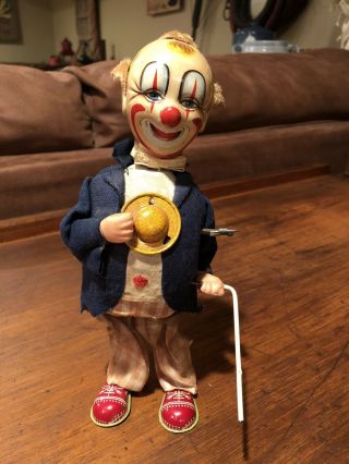 Rare 1950’s Smiling Sam Carnival Clown - Tin Wind Up Toy - Complete And