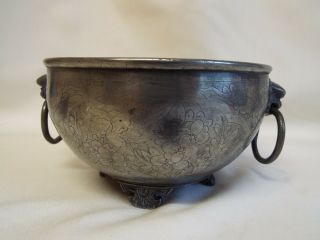 Antique Chinese Pewter Bowl With Engraved Floral Design.