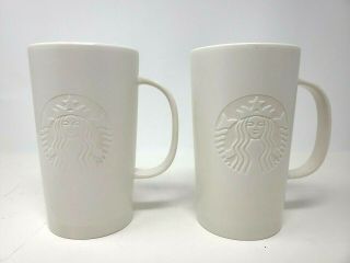 2 Starbucks Ceramic 16 Oz Coffee Mug 2014 White On White Embossed Siren Logo