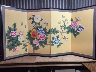Vintage Japanese Chinese 4 Panel Folding Screen Byobu Hand Painted 70x35 Silk