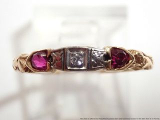 Ladies Vintage 14kt Gold Delicate Diamond Ruby Filigree Ring Size 6.  75