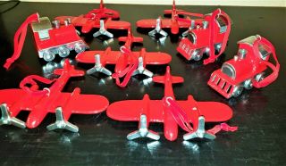 5 - Red Metal Airplane & 3 Red Metal Trains Christmas Ornaments