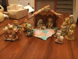 Vintage Cherished Teddies Christmas Nativity Set In Boxes - Enesco 1990 