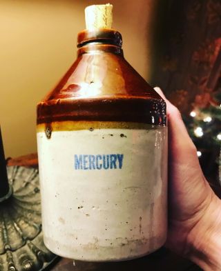 Antique Vintage Stoneware Mercury Bottle Jug Pottery Apothecary Dental Chemist