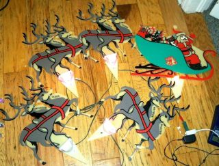 Vtg 5pc Santa Claus Sleigh Reindeer Lighted Christmas Yard Decor Stake Plastic