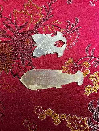 2 Antique Chinese Mother Of Pearl Gaming Counters Chips - Fish Design