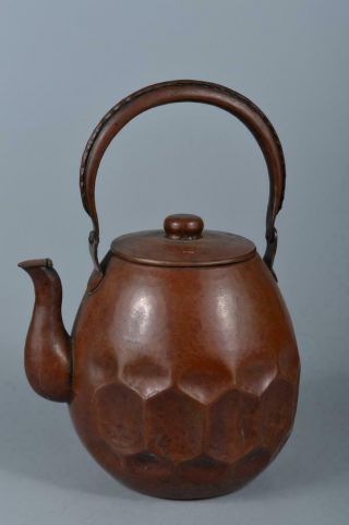 M1860: Japanese Xf Old Copper Bottle Teapot Dobin Finish Hammer Pattern Shapely