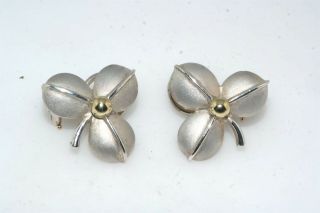 Bill Blass Frosted Sterling Silver 18k Yellow Gold Clover Post Clip Earrings
