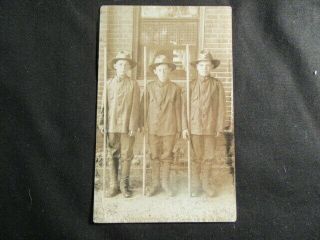 Early Boy Scout Postcard Of 3 Scouts In Uniform,  Large Eagle Hat Pin Th5