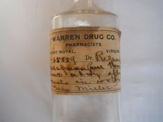 Rare Front Royal Va.  Medicine Bottle Warren Drug Co.  Pharmacists Label