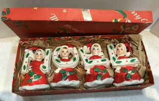 Vintage Noel Ceramic Christmas Pixie Elf Santa Girls In Red Suits Japan